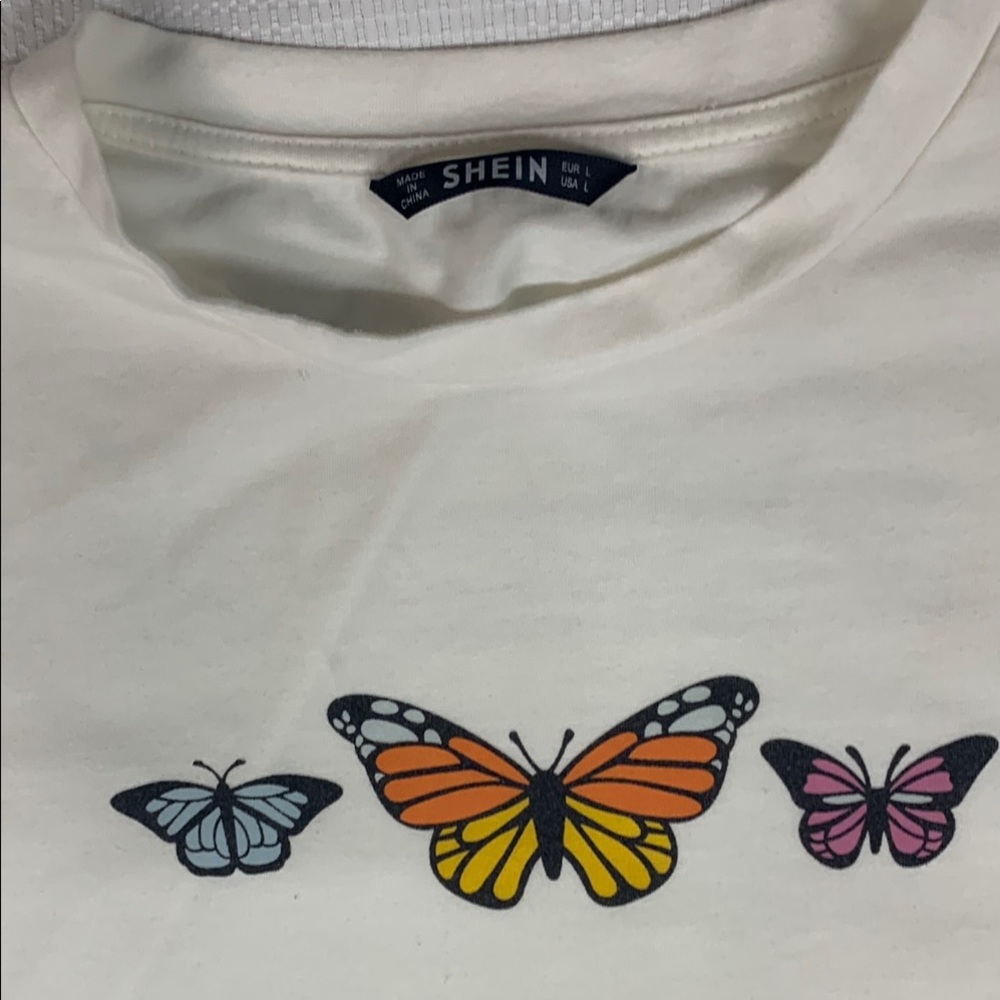 SHEIN White and Orange Butterfly Tee Short Sleeve